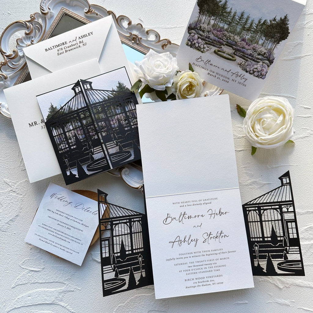 Black Laser Cut Iron Gate Wedding Invitation, Elegant Watercolor Garden Invites, Personalized Name Printed Belly Band, Details Wedding Ceremony Supplies Picky Bride 