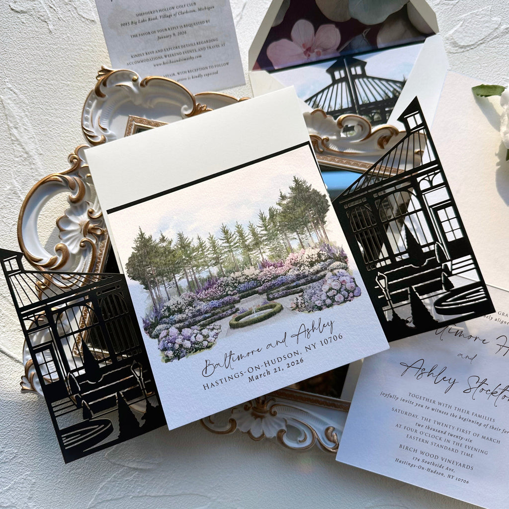 Black Laser Cut Iron Gate Wedding Invitation, Elegant Watercolor Garden Invites, Personalized Name Printed Belly Band, Details Wedding Ceremony Supplies Picky Bride 