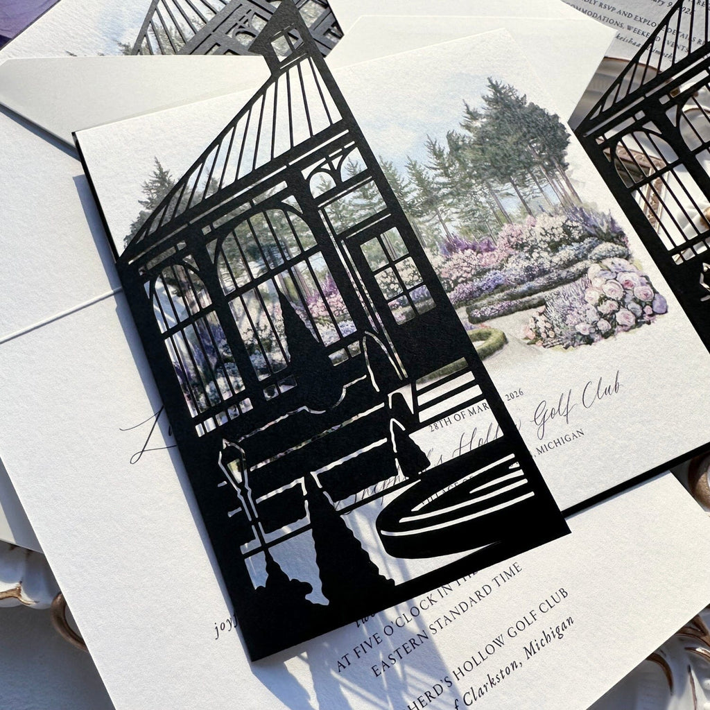 Black Laser Cut Iron Gate Wedding Invitation, Elegant Watercolor Garden Invites, Personalized Name Printed Belly Band, Details Wedding Ceremony Supplies Picky Bride 