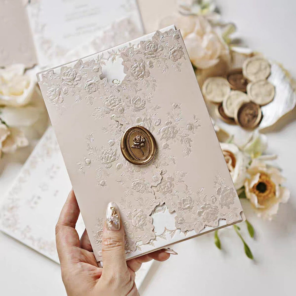 Blush Pink Embossed Floral Wedding Invitation, Elegant Pink and Ivory Cotton Paper Invites, Gold Rose Wax Seal Wedding Ceremony Supplies Picky Bride 