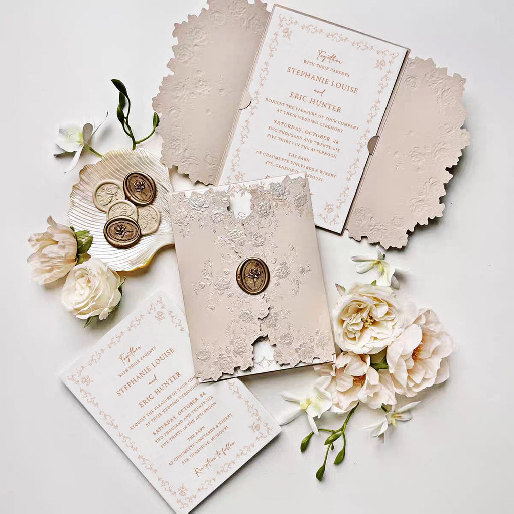 Blush Pink Embossed Floral Wedding Invitation, Elegant Pink and Ivory Cotton Paper Invites, Gold Rose Wax Seal Wedding Ceremony Supplies Picky Bride 