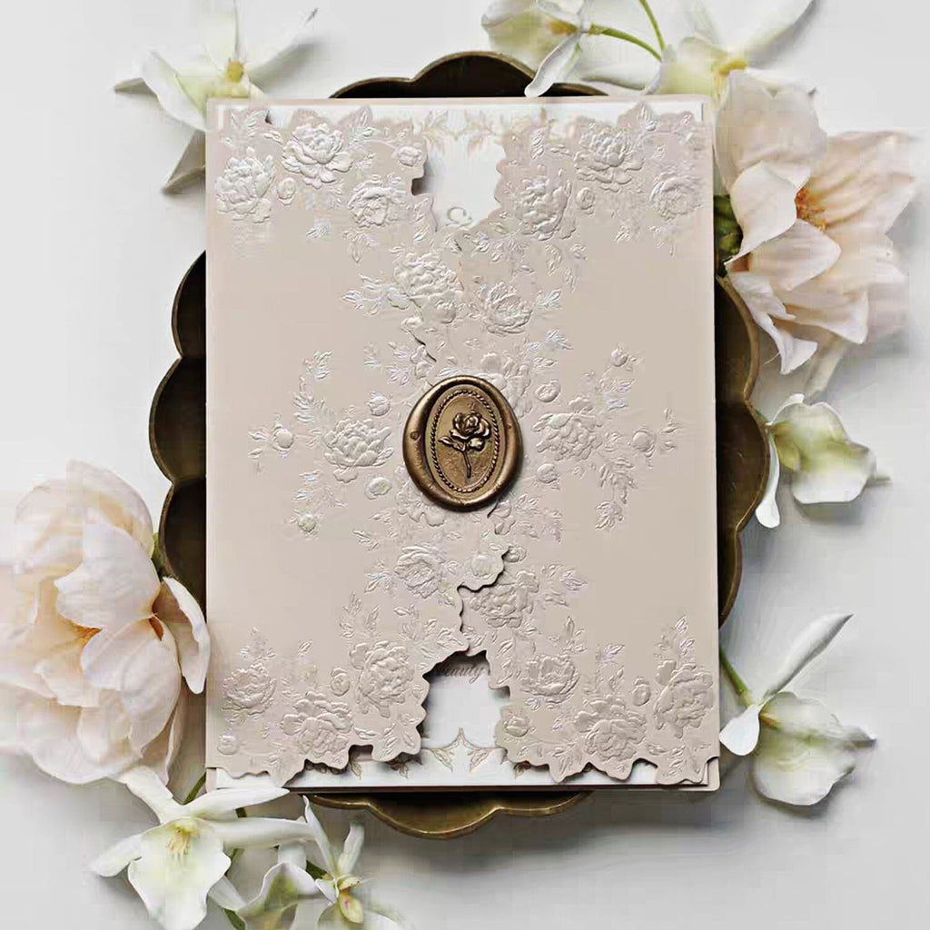 Blush Pink Embossed Floral Wedding Invitation, Elegant Pink and Ivory Cotton Paper Invites, Gold Rose Wax Seal Wedding Ceremony Supplies Picky Bride 