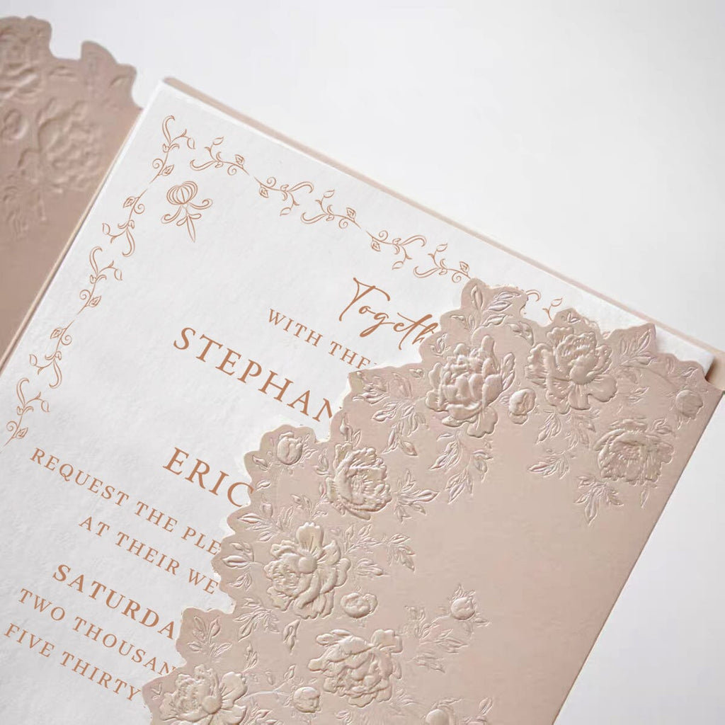 Blush Pink Embossed Floral Wedding Invitation, Elegant Pink and Ivory Cotton Paper Invites, Gold Rose Wax Seal Wedding Ceremony Supplies Picky Bride 
