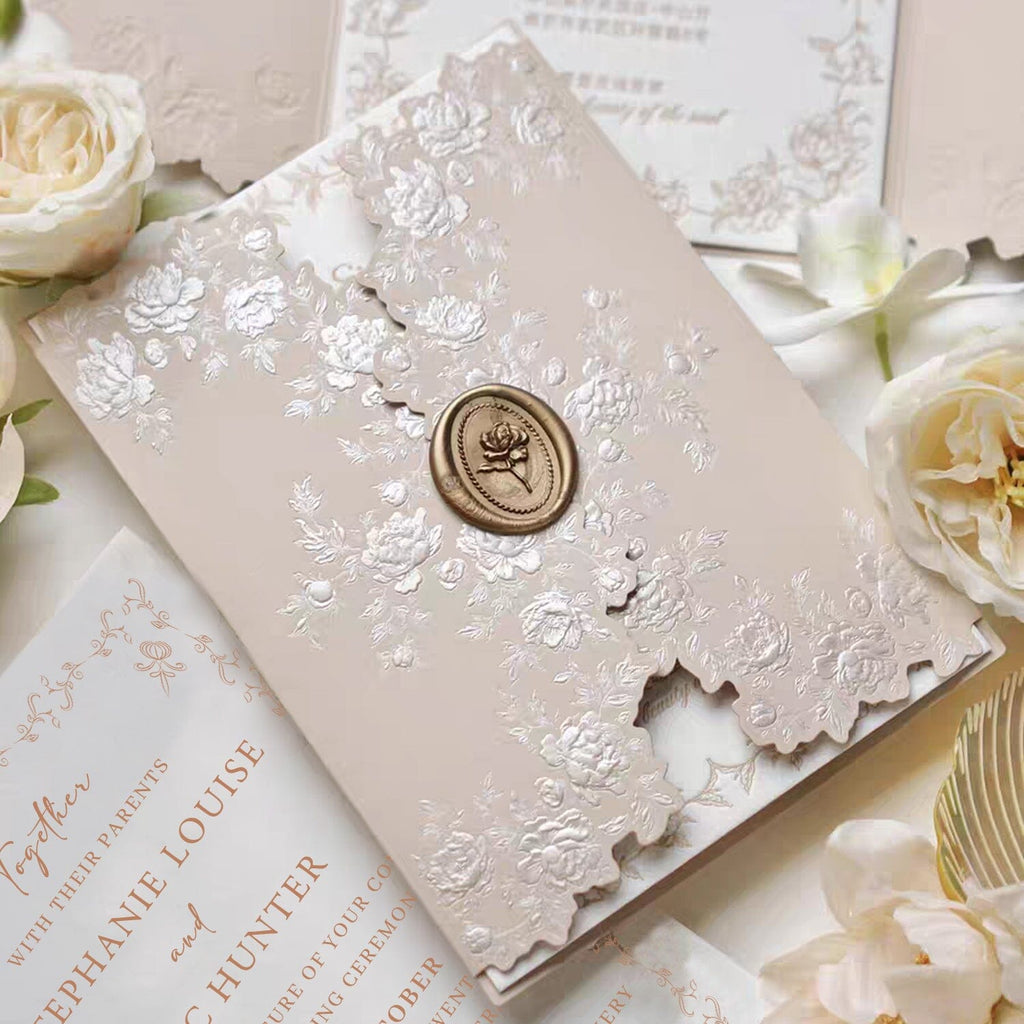 Blush Pink Embossed Floral Wedding Invitation, Elegant Pink and Ivory Cotton Paper Invites, Gold Rose Wax Seal Wedding Ceremony Supplies Picky Bride 