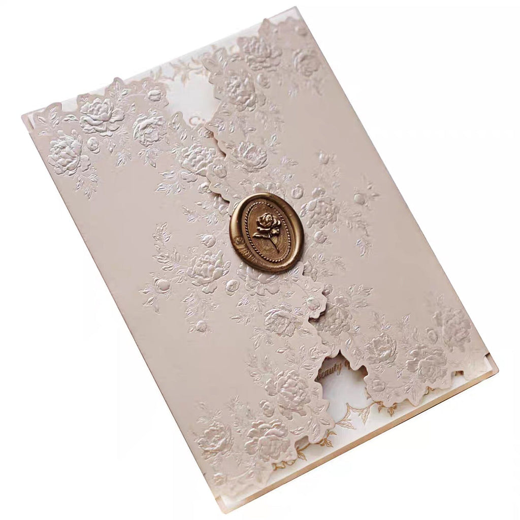 Blush Pink Embossed Floral Wedding Invitation, Elegant Pink and Ivory Cotton Paper Invites, Gold Rose Wax Seal Wedding Ceremony Supplies Picky Bride 