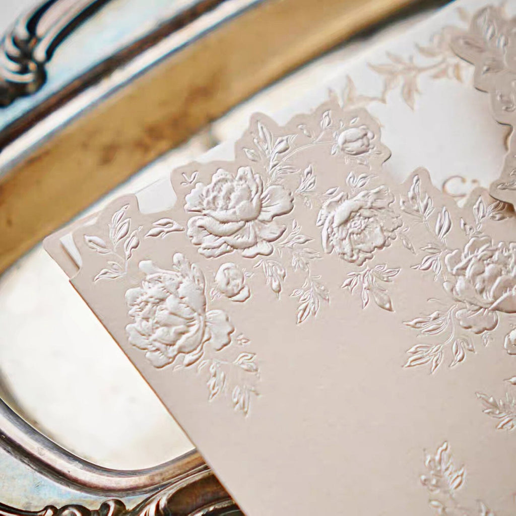 Blush Pink Embossed Floral Wedding Invitation, Elegant Pink and Ivory Cotton Paper Invites, Gold Rose Wax Seal Wedding Ceremony Supplies Picky Bride 