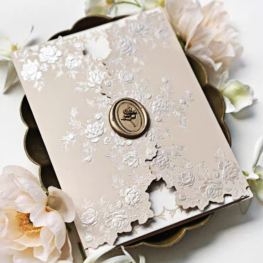 Blush Pink Embossed Floral Wedding Invitation, Elegant Pink and Ivory Cotton Paper Invites, Gold Rose Wax Seal Wedding Ceremony Supplies Picky Bride 