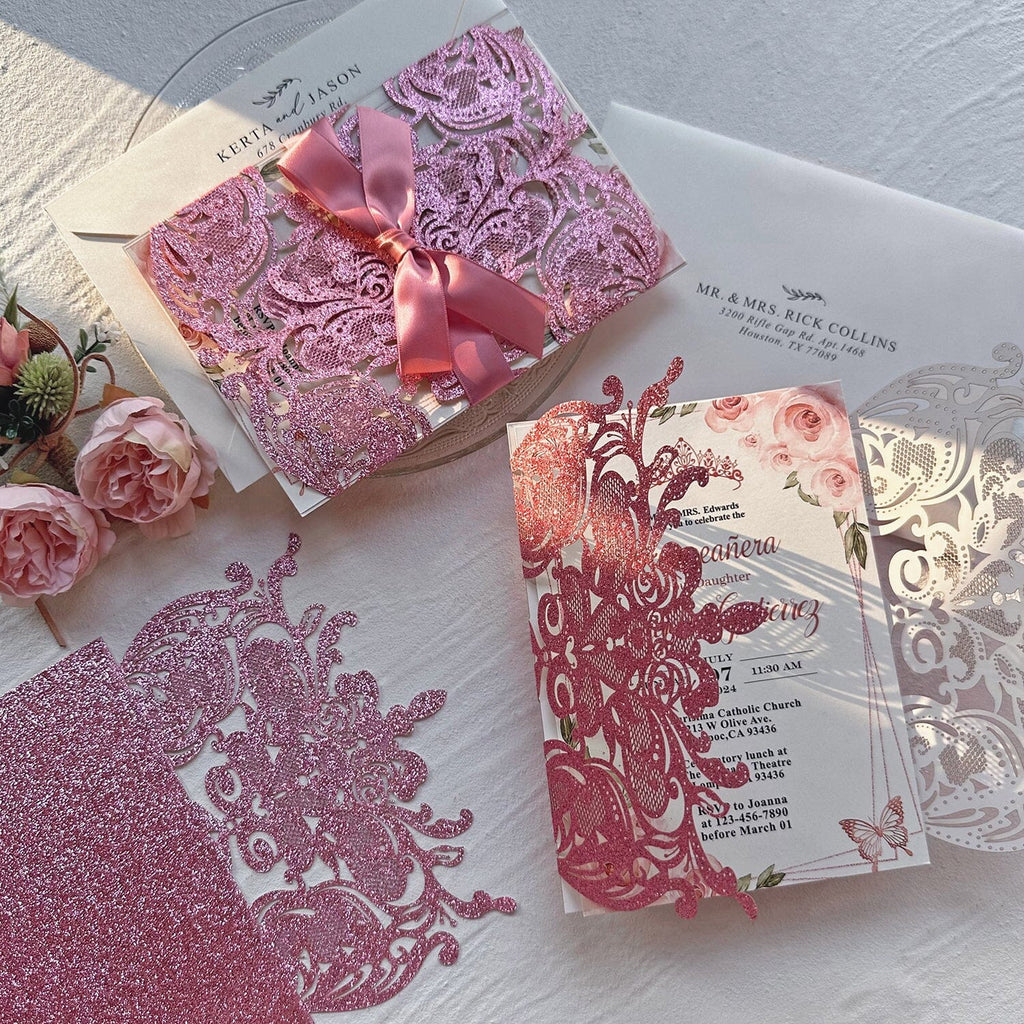 Blush Pink Glitter Quinceanera Invites, Romantic Princess Crown Invitations, Dusty Rose Floral Party Invitation with Sweet Ribbon Picky Bride 