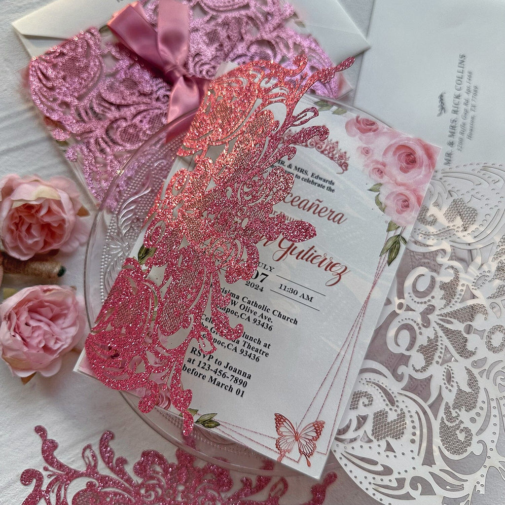 Blush Pink Glitter Quinceanera Invites, Romantic Princess Crown Invitations, Dusty Rose Floral Party Invitation with Sweet Ribbon Picky Bride 