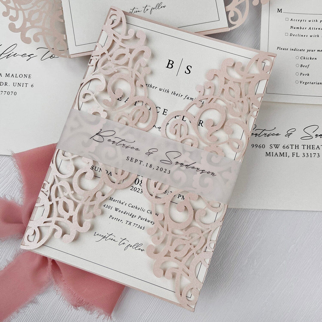 Blush Pink Lace Laser Cut Wedding Invitations, Romantic Pink Floral Covers Invites with Personalized Printed Vallum Belly Band, Minimalist Design Invitation with RSVP Wedding Ceremony Supplies Picky Bride 