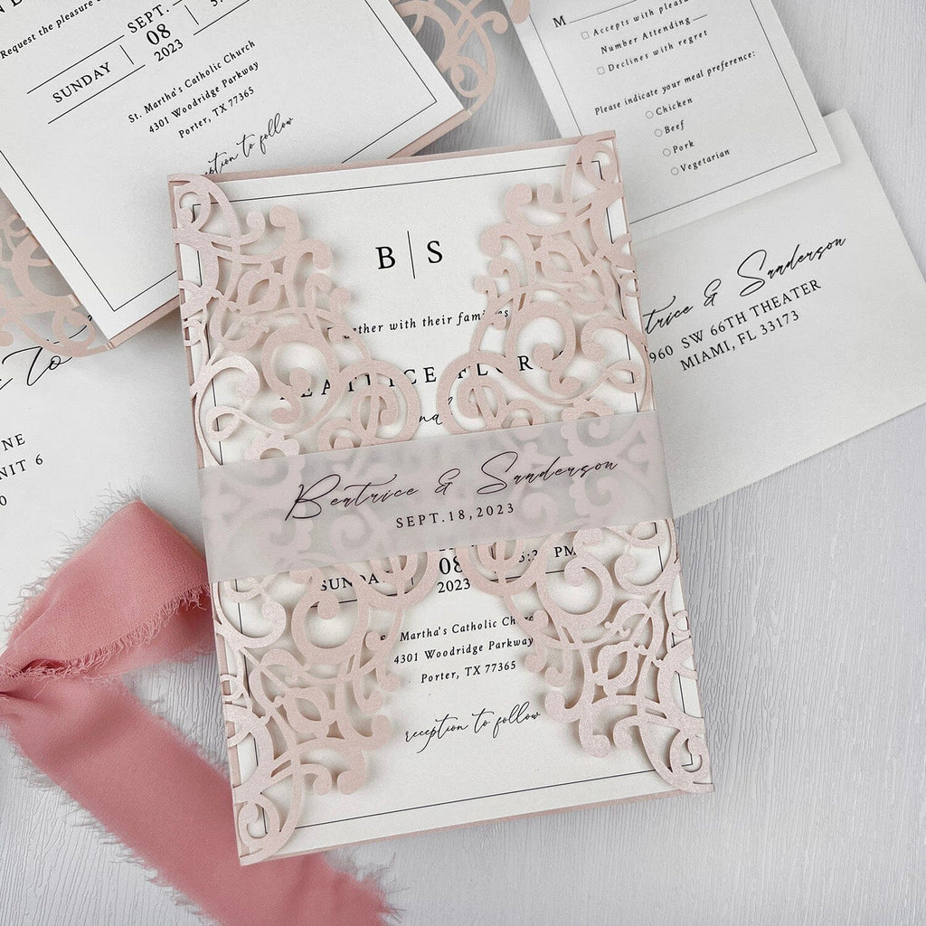 Blush Pink Lace Laser Cut Wedding Invitations, Romantic Pink Floral Covers Invites with Personalized Printed Vallum Belly Band, Minimalist Design Invitation with RSVP Wedding Ceremony Supplies Picky Bride 
