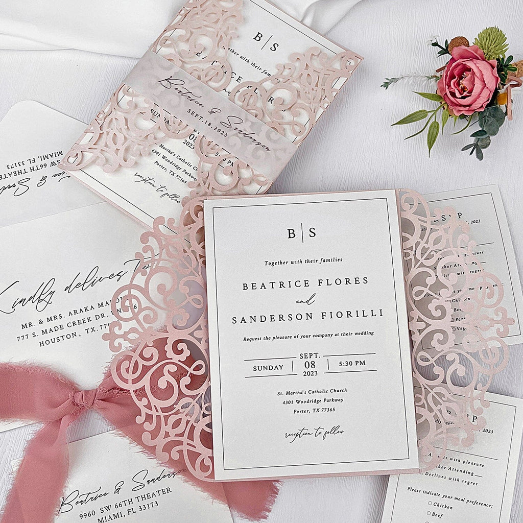 Blush Pink Lace Laser Cut Wedding Invitations, Romantic Pink Floral Covers Invites with Personalized Printed Vallum Belly Band, Minimalist Design Invitation with RSVP Wedding Ceremony Supplies Picky Bride 