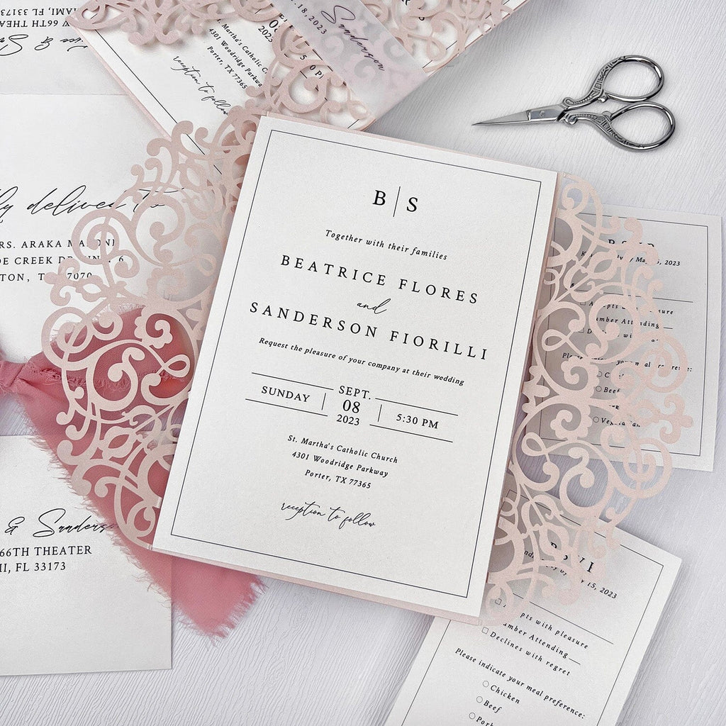 Blush Pink Lace Laser Cut Wedding Invitations, Romantic Pink Floral Covers Invites with Personalized Printed Vallum Belly Band, Minimalist Design Invitation with RSVP Wedding Ceremony Supplies Picky Bride 
