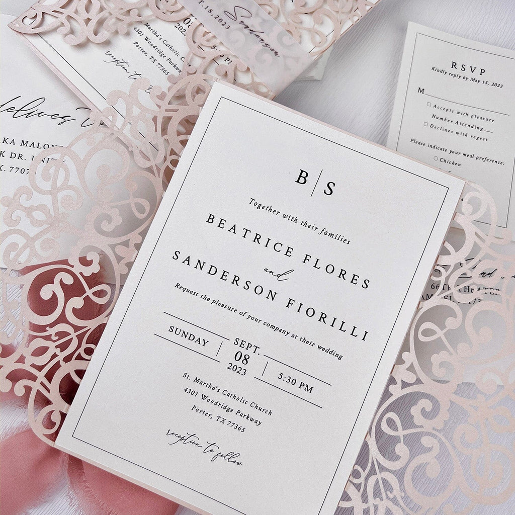 Blush Pink Lace Laser Cut Wedding Invitations, Romantic Pink Floral Covers Invites with Personalized Printed Vallum Belly Band, Minimalist Design Invitation with RSVP Wedding Ceremony Supplies Picky Bride 