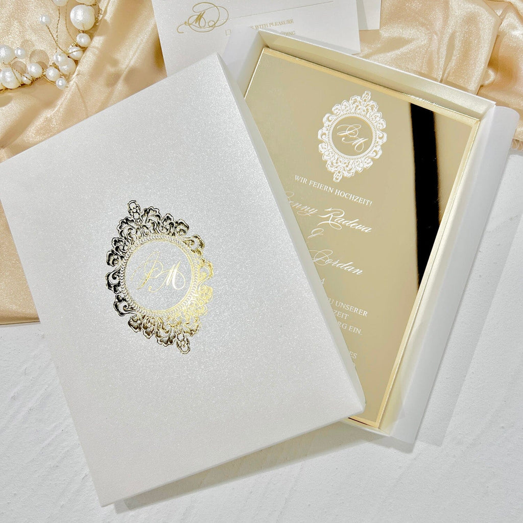 Boxed Gold Mirror Wedding Invitations and Foiled RSVP Cards, Acrylic Wedding Invite in Gold Foil Box, Personalized Wedding logo Wedding Ceremony Supplies Picky Bride 