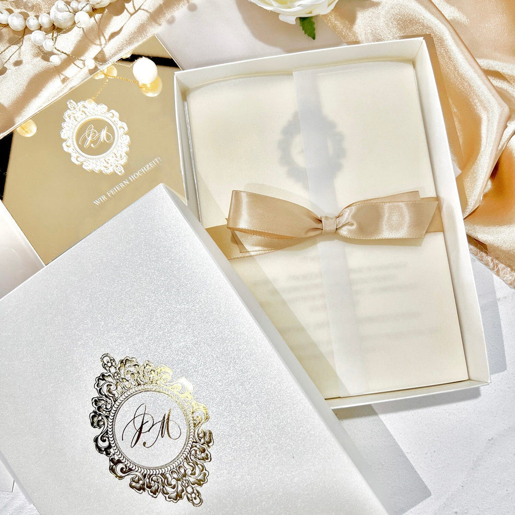 Boxed Gold Mirror Wedding Invitations and Foiled RSVP Cards, Acrylic Wedding Invite in Gold Foil Box, Personalized Wedding logo Wedding Ceremony Supplies Picky Bride 