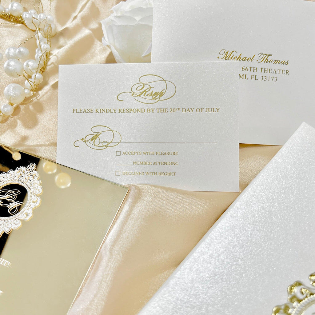 Boxed Gold Mirror Wedding Invitations and Foiled RSVP Cards, Acrylic Wedding Invite in Gold Foil Box, Personalized Wedding logo Wedding Ceremony Supplies Picky Bride 