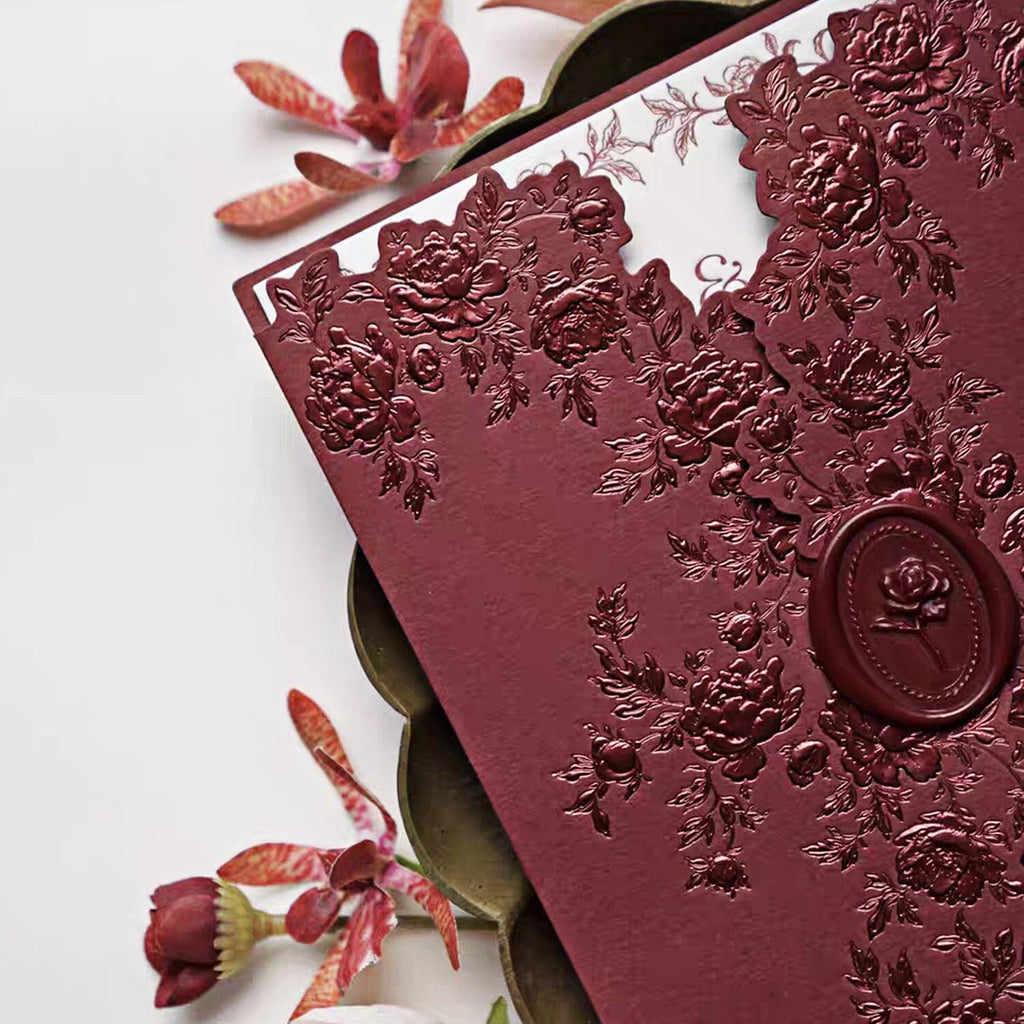 Burgundy Embossed Floral Wedding Invitation, Elegant Ivory Cotton Paper Invites, Personalized Rose Wax Seal Wedding Ceremony Supplies Picky Bride 