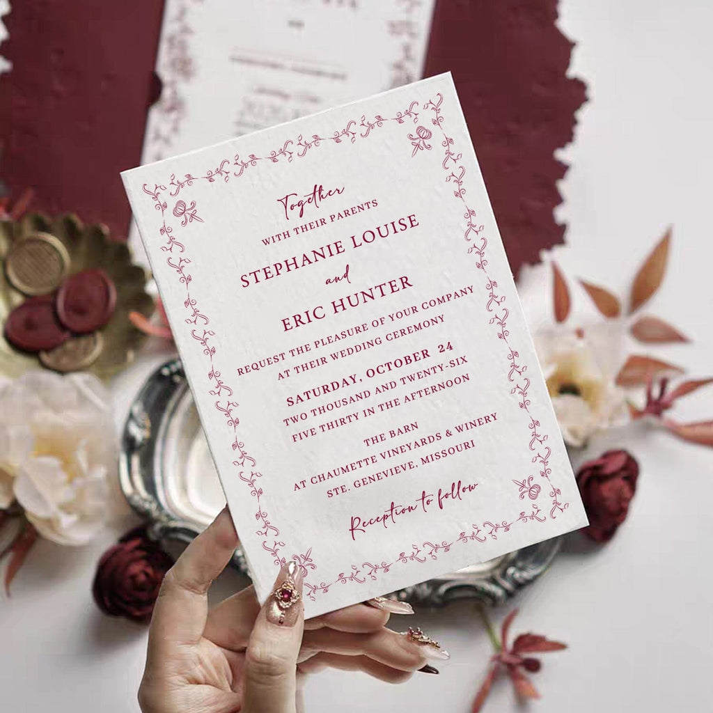 Burgundy Embossed Floral Wedding Invitation, Elegant Ivory Cotton Paper Invites, Personalized Rose Wax Seal Wedding Ceremony Supplies Picky Bride 