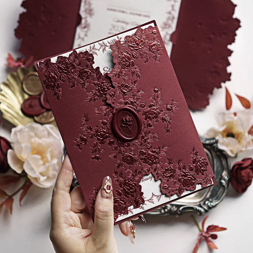 Burgundy Embossed Floral Wedding Invitation, Elegant Ivory Cotton Paper Invites, Personalized Rose Wax Seal Wedding Ceremony Supplies Picky Bride 