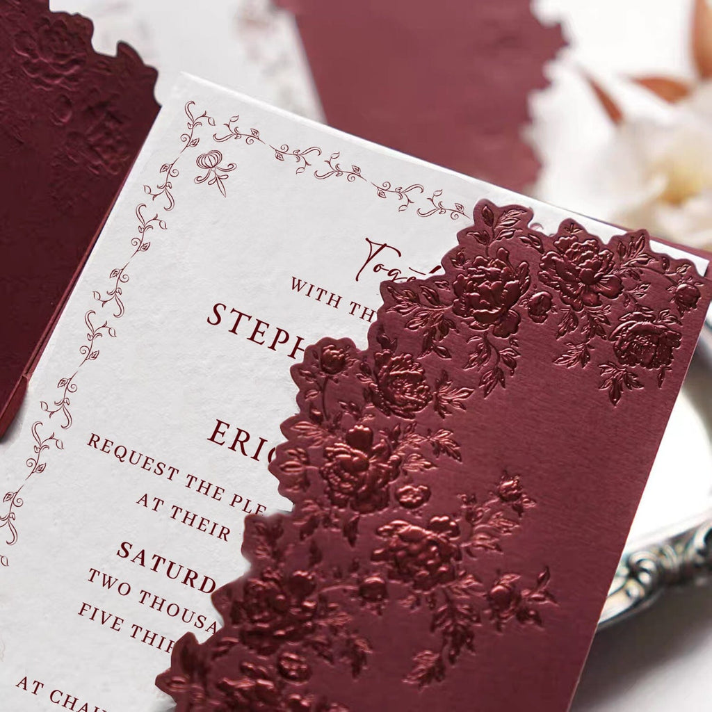 Burgundy Embossed Floral Wedding Invitation, Elegant Ivory Cotton Paper Invites, Personalized Rose Wax Seal Wedding Ceremony Supplies Picky Bride 