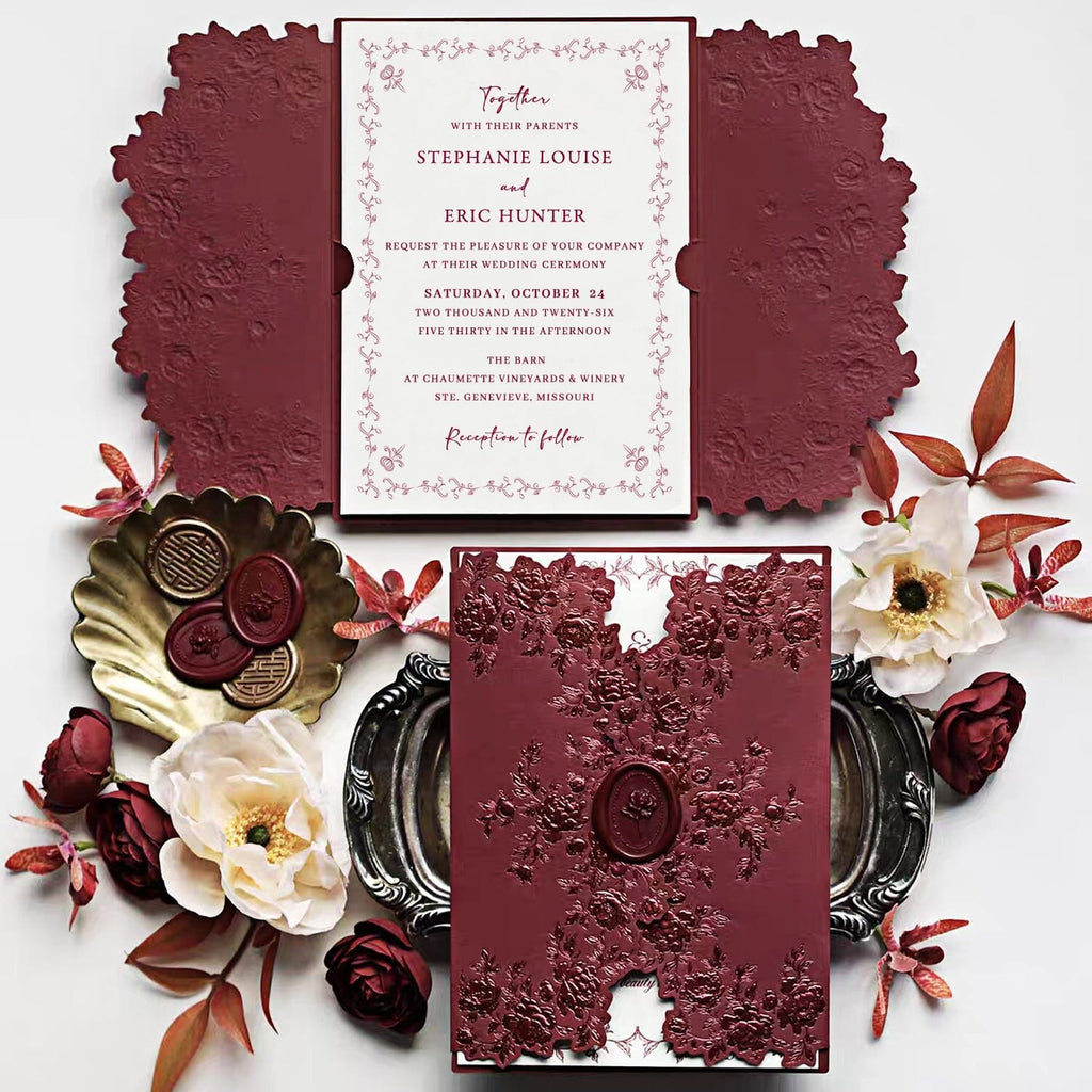 Burgundy Embossed Floral Wedding Invitation, Elegant Ivory Cotton Paper Invites, Personalized Rose Wax Seal Wedding Ceremony Supplies Picky Bride 