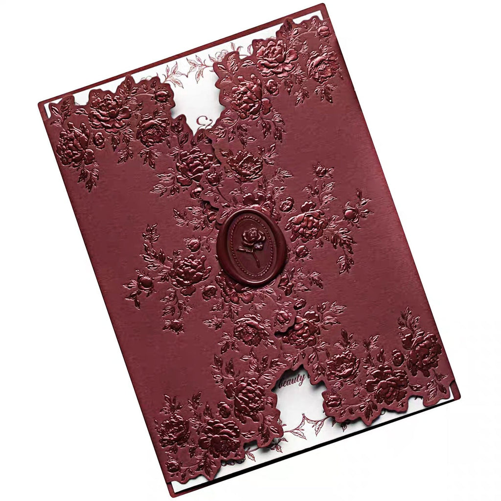 Burgundy Embossed Floral Wedding Invitation, Elegant Ivory Cotton Paper Invites, Personalized Rose Wax Seal Wedding Ceremony Supplies Picky Bride 