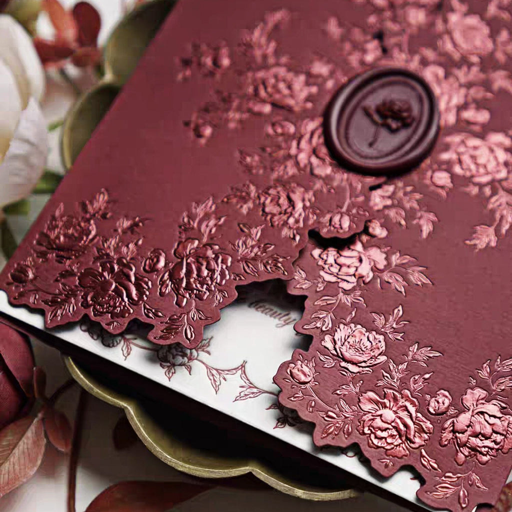Burgundy Embossed Floral Wedding Invitation, Elegant Ivory Cotton Paper Invites, Personalized Rose Wax Seal Wedding Ceremony Supplies Picky Bride 