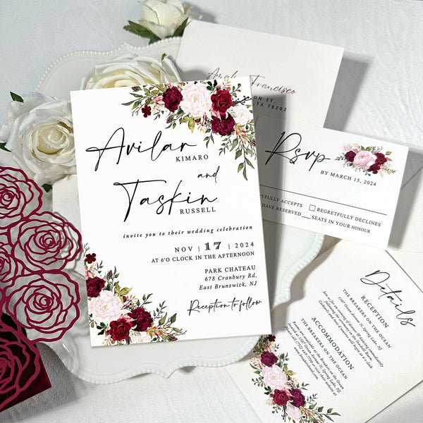Burgundy Floral Pocket Wedding Invitation Set, Romantic Rose Laser Cut Trifold Invites, Elegant Red and Blush Flowers RSVP, Personalized Detail Cards Wedding Ceremony Supplies Picky Bride 