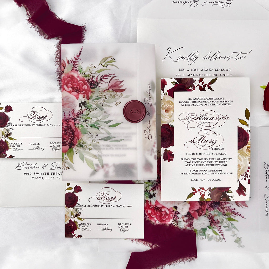 Burgundy Floral Vellum Jacket Wedding Invitation Suite, Romantic Roses Frame Wedding Invitations, Vellum Wrap Invites with Personalized Wax Seal Wedding Ceremony Supplies Picky Bride 