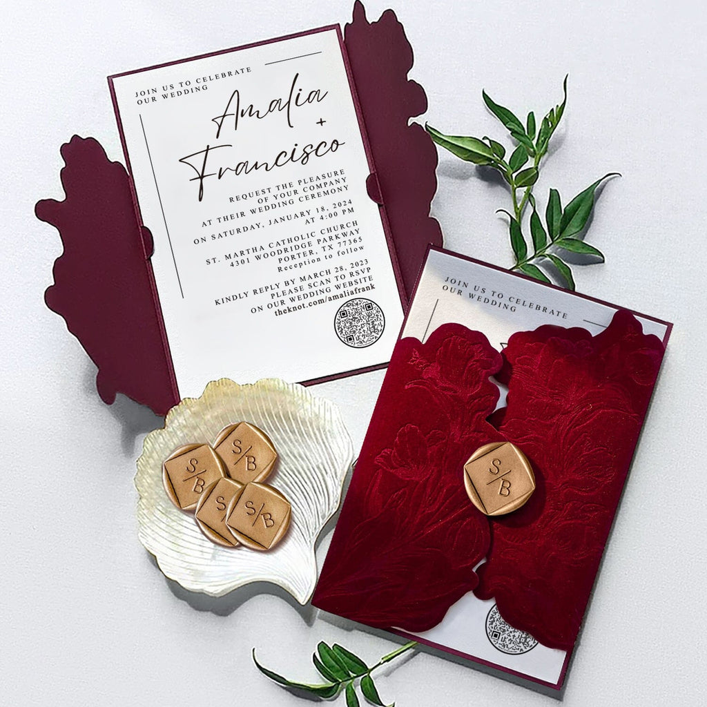 Burgundy Floral Velvet Wedding Invitation, Luxury Gold Wax Seal, QR Code, Customized Wedding Ceremony Supplies Picky Bride 