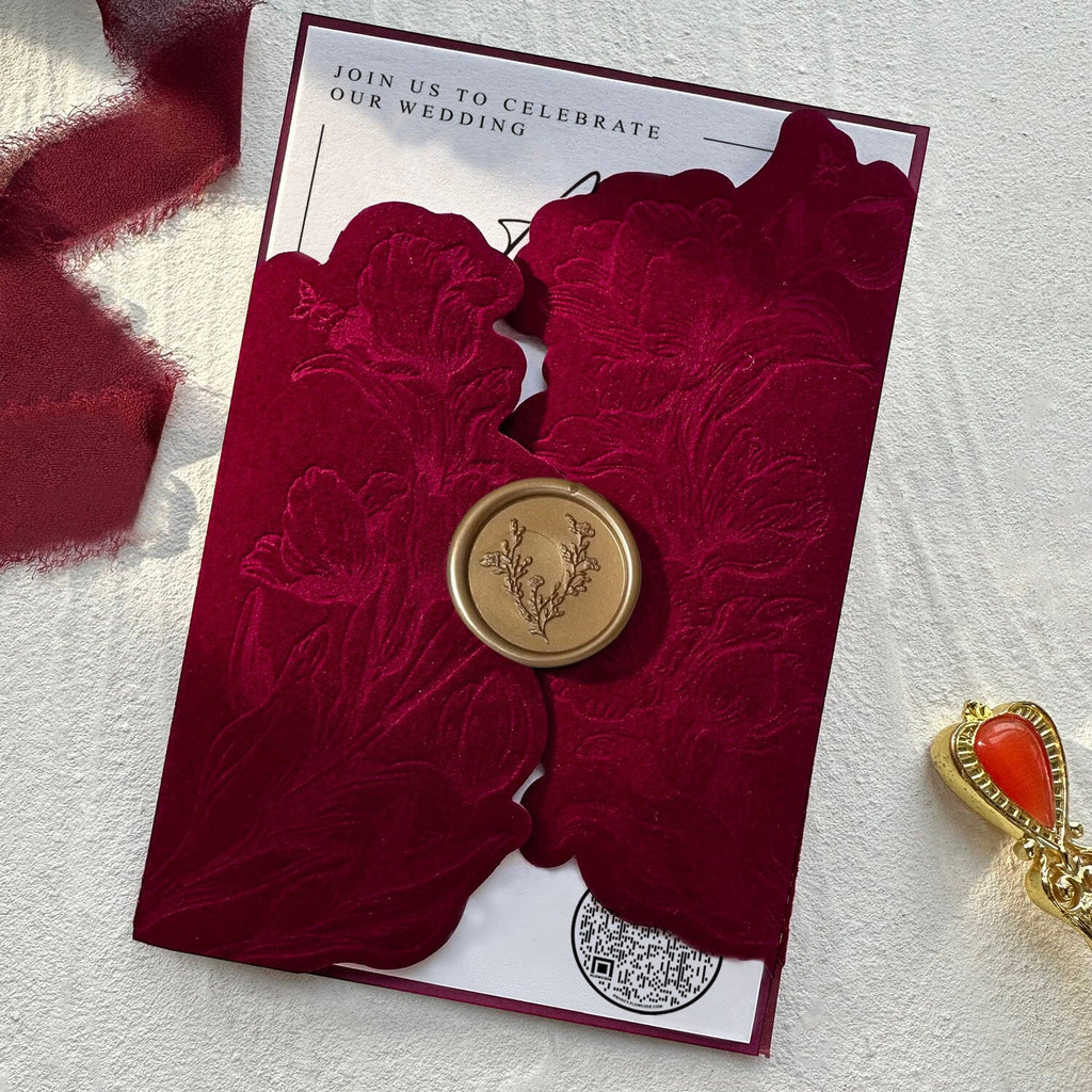 Burgundy Floral Velvet Wedding Invitation, Luxury Gold Wax Seal, QR Code, Customized Wedding Ceremony Supplies Picky Bride 