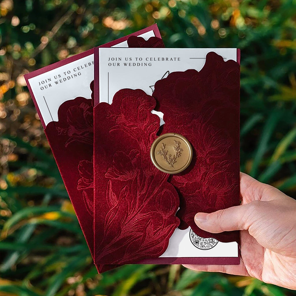 Burgundy Floral Velvet Wedding Invitation, Luxury Gold Wax Seal, QR Code, Customized Wedding Ceremony Supplies Picky Bride 