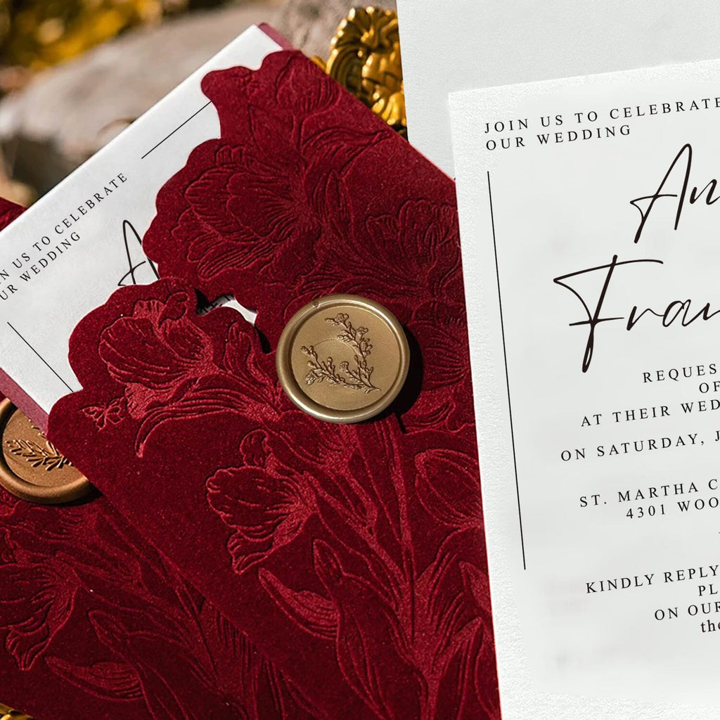 Burgundy Floral Velvet Wedding Invitation, Luxury Gold Wax Seal, QR Code, Customized Wedding Ceremony Supplies Picky Bride 