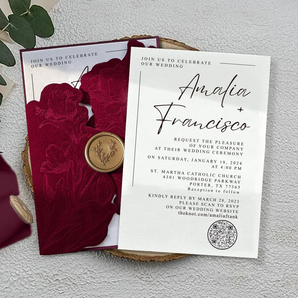 Burgundy Floral Velvet Wedding Invitation, Luxury Gold Wax Seal, QR Code, Customized Wedding Ceremony Supplies Picky Bride 