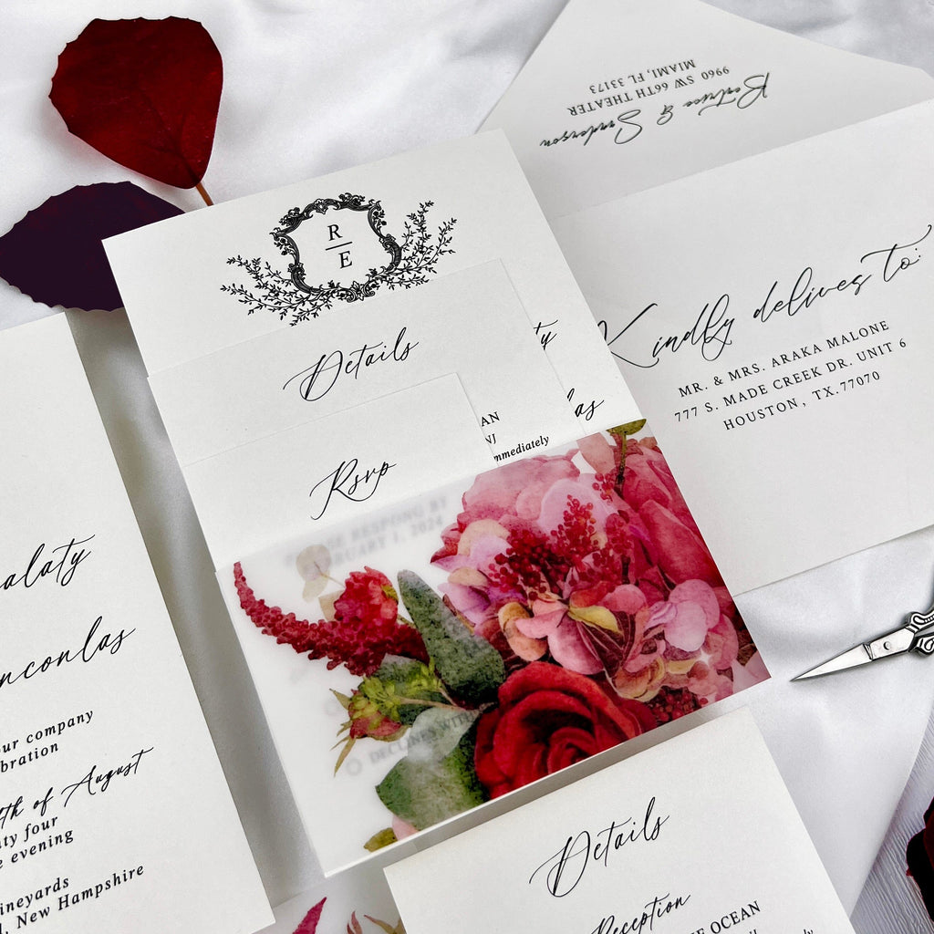 Burgundy Floral Wedding Invitations, Romantic Fall Floral Vellum Belly Band Invites, Minimalist Personalized Printed Wedding Invitation Picky Bride 