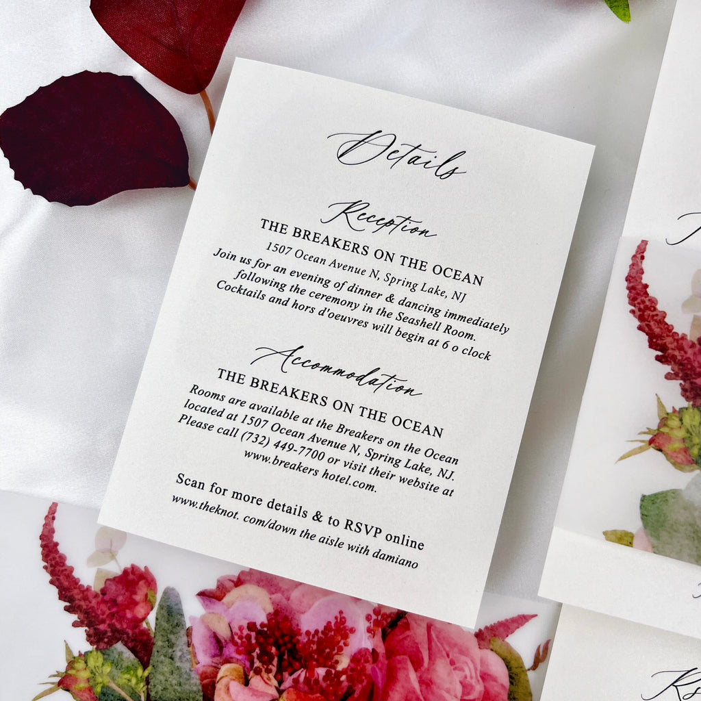 Burgundy Floral Wedding Invitations, Romantic Fall Floral Vellum Belly Band Invites, Minimalist Personalized Printed Wedding Invitation Picky Bride 
