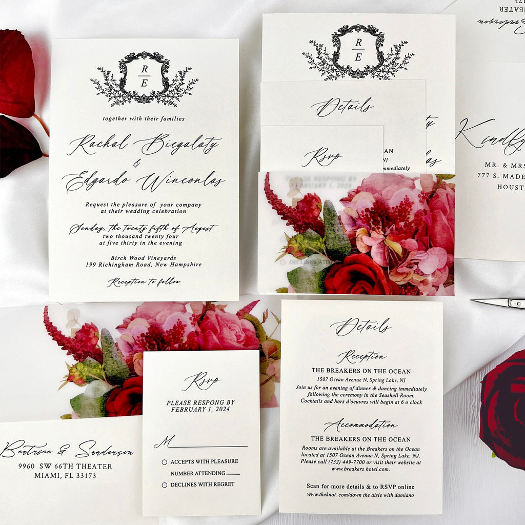Burgundy Floral Wedding Invitations, Romantic Fall Floral Vellum Belly Band Invites, Minimalist Personalized Printed Wedding Invitation Picky Bride 