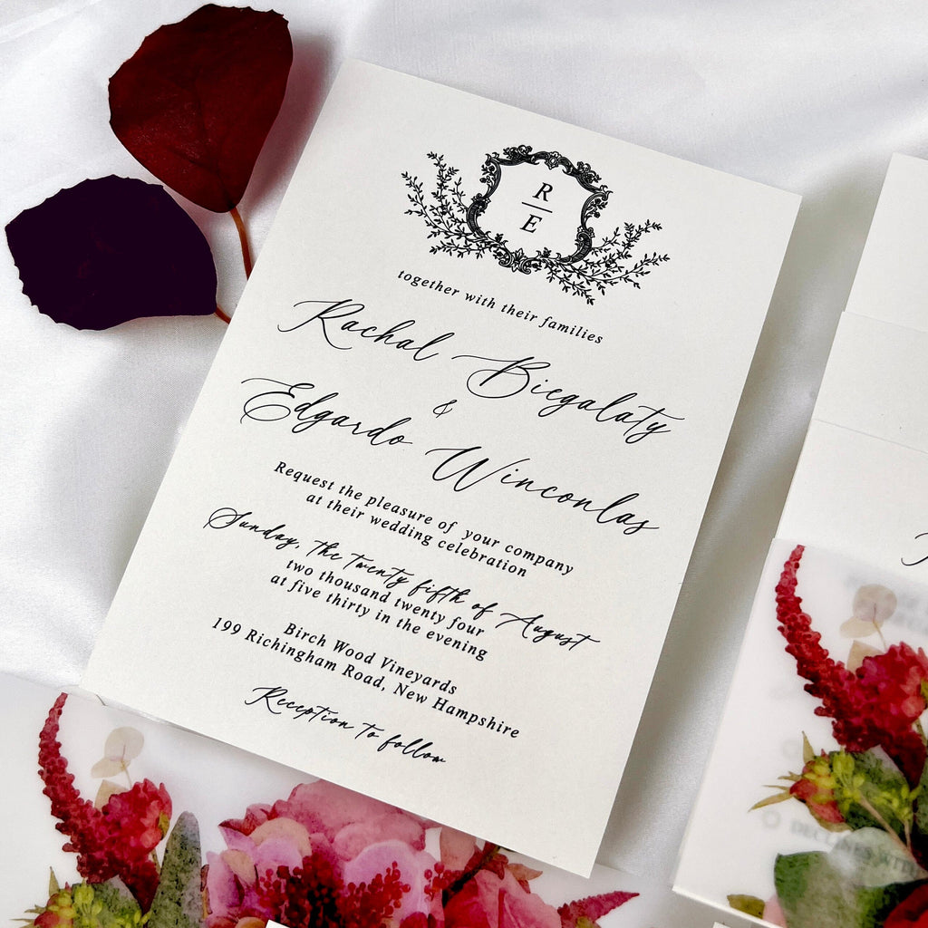 Burgundy Floral Wedding Invitations, Romantic Fall Floral Vellum Belly Band Invites, Minimalist Personalized Printed Wedding Invitation Picky Bride 