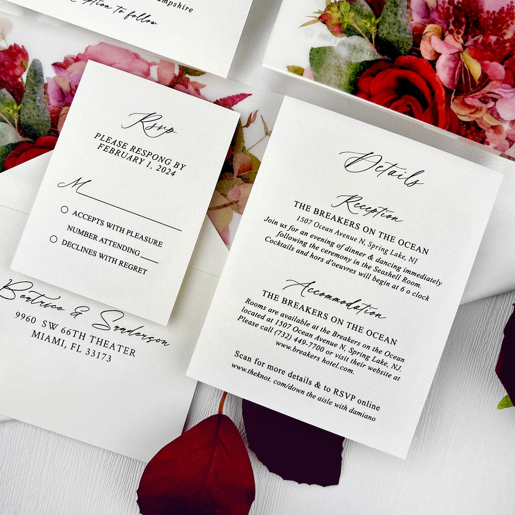 Burgundy Floral Wedding Invitations, Romantic Fall Floral Vellum Belly Band Invites, Minimalist Personalized Printed Wedding Invitation Picky Bride 