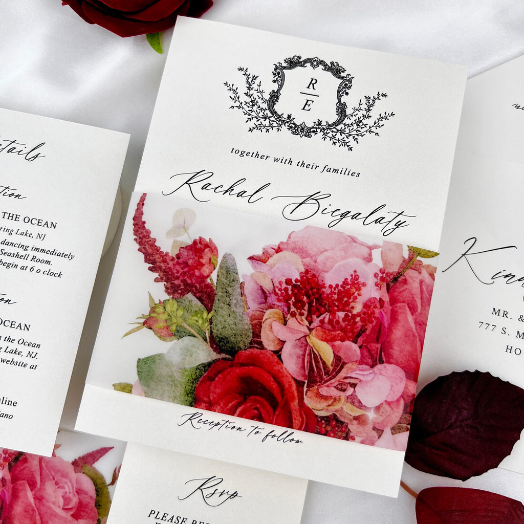 Burgundy Floral Wedding Invitations, Romantic Fall Floral Vellum Belly Band Invites, Minimalist Personalized Printed Wedding Invitation Picky Bride 