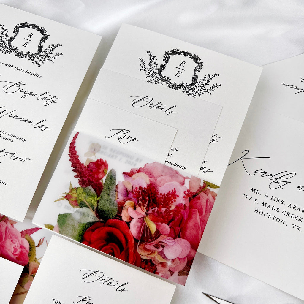 Burgundy Floral Wedding Invitations, Romantic Fall Floral Vellum Belly Band Invites, Minimalist Personalized Printed Wedding Invitation Picky Bride 