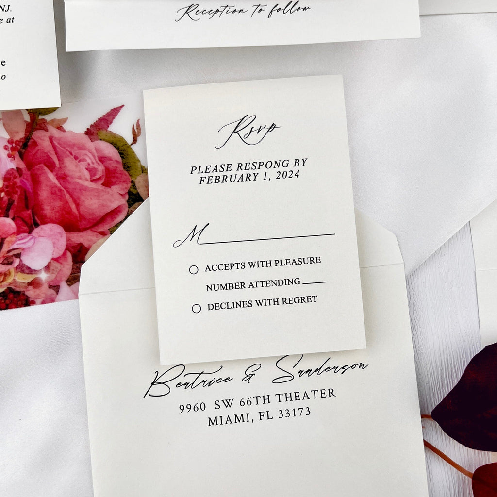 Burgundy Floral Wedding Invitations, Romantic Fall Floral Vellum Belly Band Invites, Minimalist Personalized Printed Wedding Invitation Picky Bride 