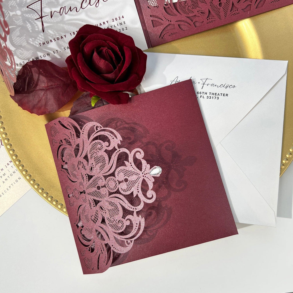 Burgundy Laser Cut Wedding Invitation Set, Lace Pocket Wedding Invitations, Printable Monogram Classic Invites Wedding Ceremony Supplies Picky Bride 