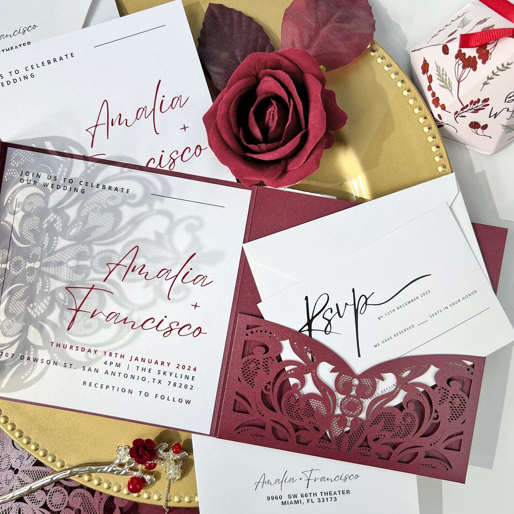Burgundy Laser Cut Wedding Invitation Set, Lace Pocket Wedding Invitations, Printable Monogram Classic Invites Wedding Ceremony Supplies Picky Bride 
