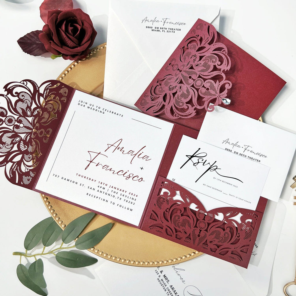 Burgundy Laser Cut Wedding Invitation Set, Lace Pocket Wedding Invitations, Printable Monogram Classic Invites Wedding Ceremony Supplies Picky Bride 
