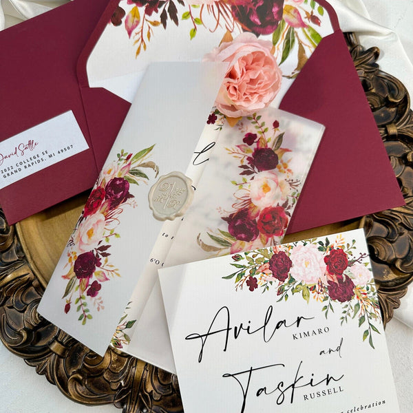 Burgundy Vellum Wedding Invitations Suite, 5x7 White and Blush Floral Invites, Personalized Envelope Address Label, Editable Rose Invitation, Details Cards Picky Bride 