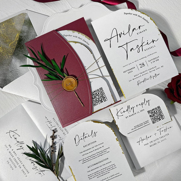 Burgundy Wedding Invitation Set, Arch Reception Invitation and Detail Cards Wedding Ceremony Supplies Picky Bride 