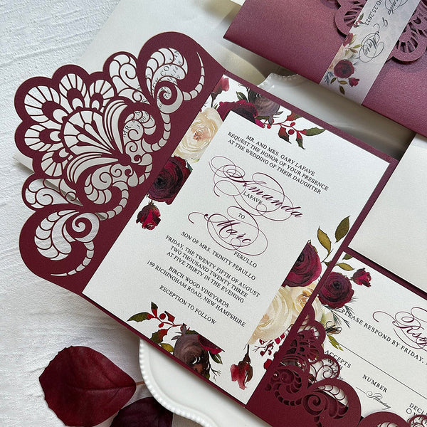 Burgundy Wedding Invitation Set, Tri-fold Pocket Floral Invitation and RSVP Cards Wedding Ceremony Supplies Picky Bride 