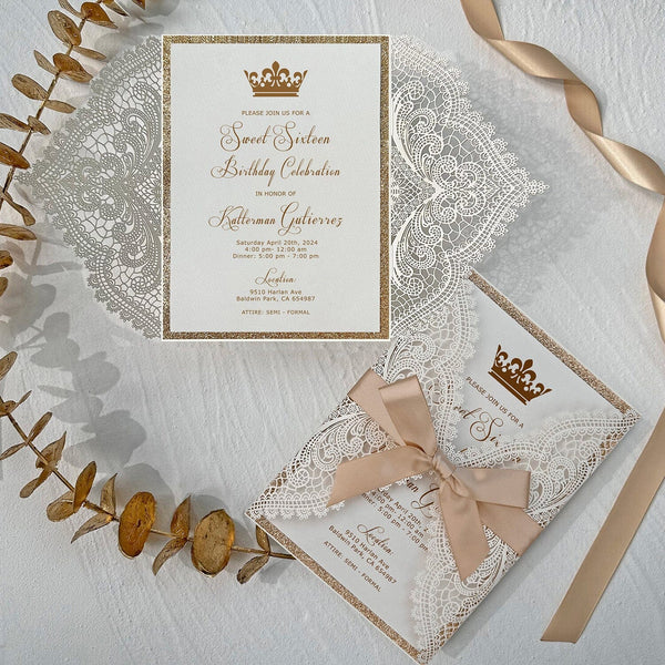 Champagne and Gold Quinceañera Invitation, Princess Crown Birthday Invitation, Tan Ribbons Picky Bride 